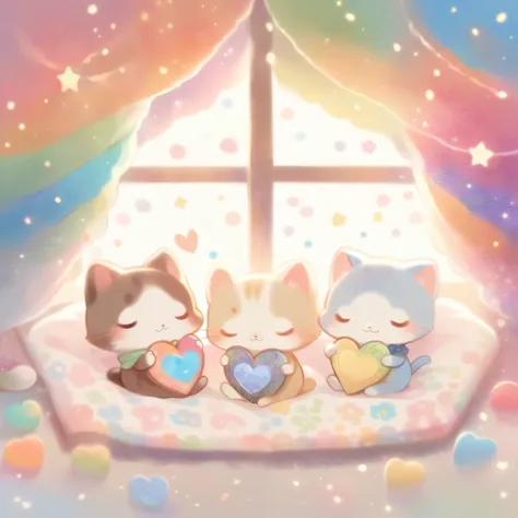 cutean illustration,catの幼稚園,catの親子:animal:cute:snuggle up close:sleep:comfortable and warm:looks happy,an illustration,pop,color...