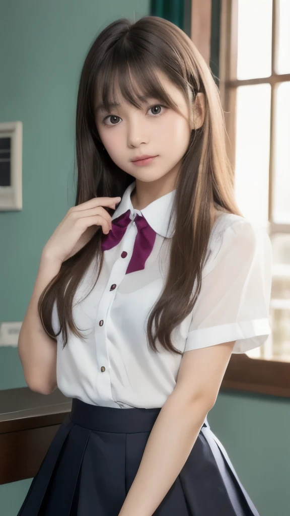 highest quality,photo quality,8K,ultra high resolution,professional lighting,13 years old,(cute),actress,thin face,detailed face,（short bangs),（Japanese high school uniform:1.1),transparent blouse:0.8,black skirt,look at the viewer,perfect hands,