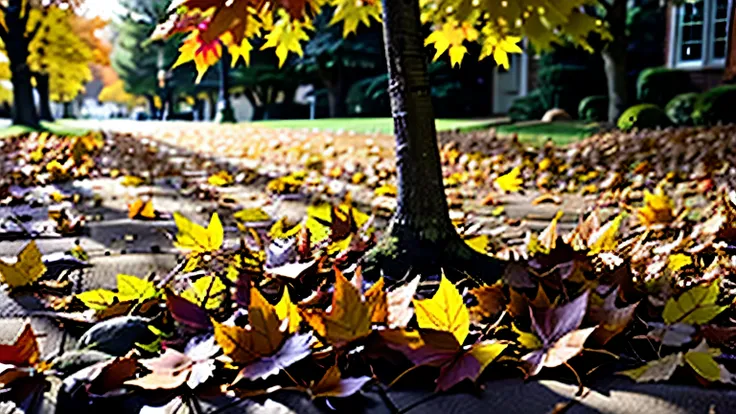 a pile of leaves and a rake on the ground in the fall, raking light, leaves trap, trap made of leaves, beautiful raking sunlight, lots of leaves, autumn leaves on the ground, leafs, autum garden, leafs falling, fall leaves on the floor, wind blowing leaves...