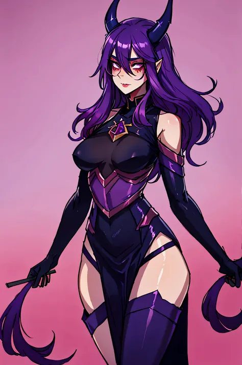 tieflng girl with purple skin, Long purple hair, gray small horns, high, god, in a black tunic, standing straight