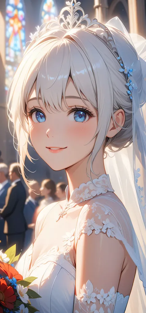 masterpiece, top quality, Super details, 8K, Detail lights, Detailed shadows, raw, (delicate skin), (real: 1.2),, 1 girl, white hair, Wedding dress，Eye close-up，church，flat chest，Smile，Positive face，for the audience