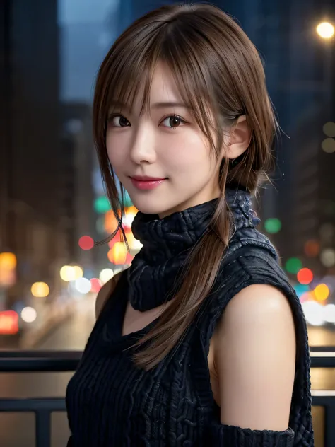 1 Japanese girl,(black sweater:1.4),(She wears a knitted snood around her neck to hide her chin...:1.5), (Raw photo, highest quality), (realistic, Photoreal:1.4), table top, very delicate and beautiful, very detailed, 8k wallpaper, wonderful, finely, very ...