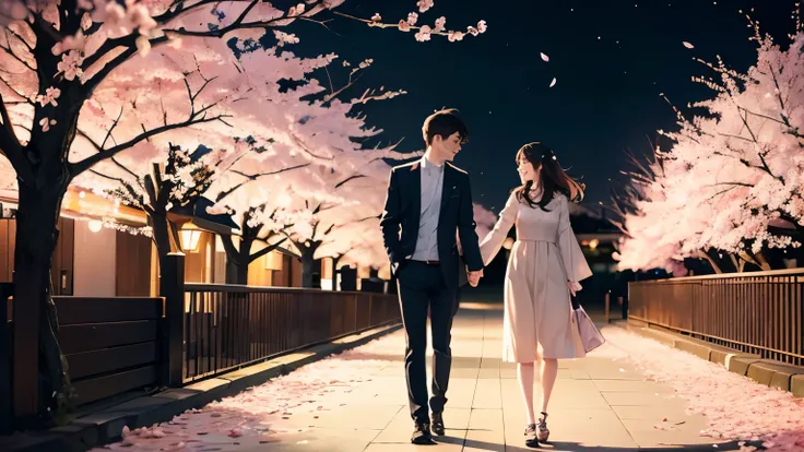 take a walk、young couple、smile、Cherry blossoms at night