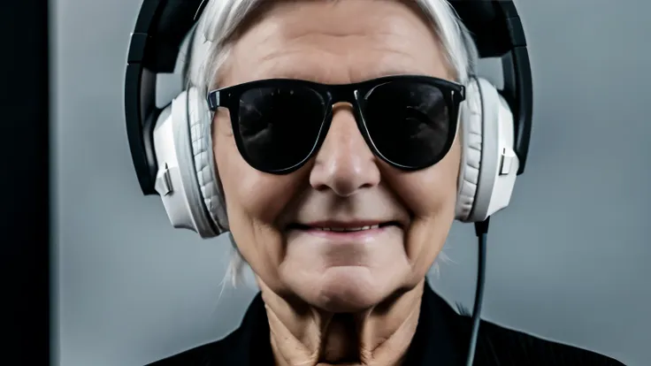 synthesizer,white-haired grandma,wear headphones,the color is dark,background is black,abyss,with a touch of modern art,super hi...