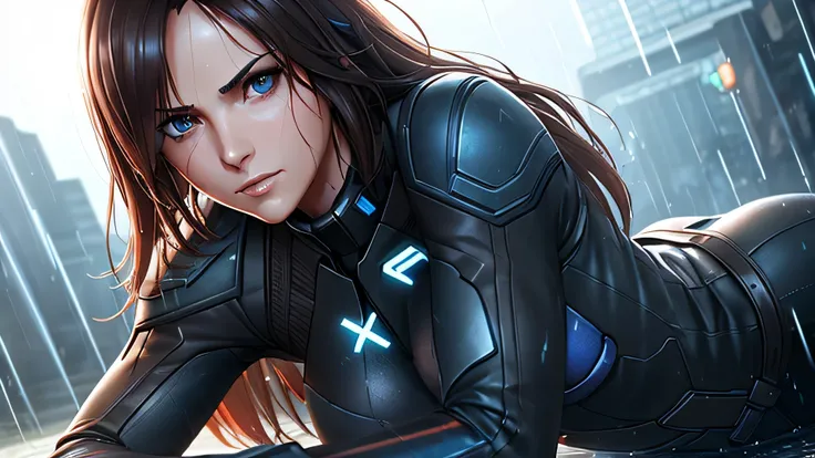 1 girl, fit the body, Mass Effect Costumes, High resolution, Very sharp face and eyes, 8K, sensual look, Hands are not visible, full body, Miranda Lawson, long hair, Wet and in the rain,(Lie:1.3)