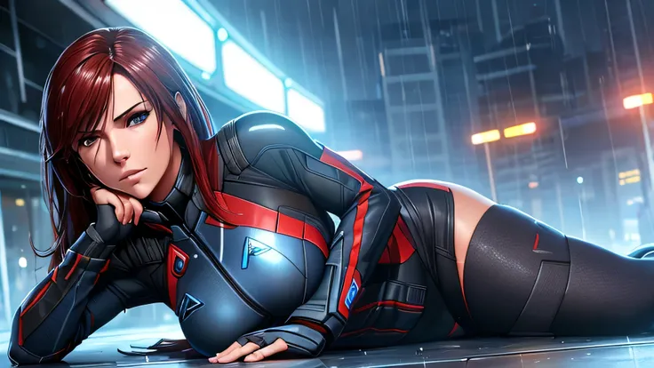 1 girl, fit the body, Mass Effect Costumes, High resolution, Very sharp face and eyes, 8K, sensual look, Hands are not visible, full body, Miranda Lawson, long hair, Wet and in the rain,(Lie:1.3)