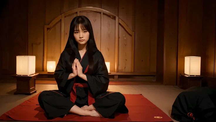 beautiful sheringan girl lotus pose dressed in akatsuki cloak meditation