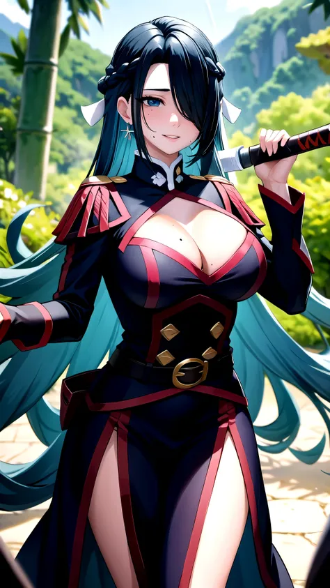 1girl, azumafubukilora, bamboo, bamboo_forest, bangs, black_hair, blue_eyes, blush, bra, braid, branch, breasts, cleavage, drawing_sword, earrings, hair_over_one_eye, holding, holding_sheath, holding_sword, holding_weapon, jewelry, katana, large_breasts, l...