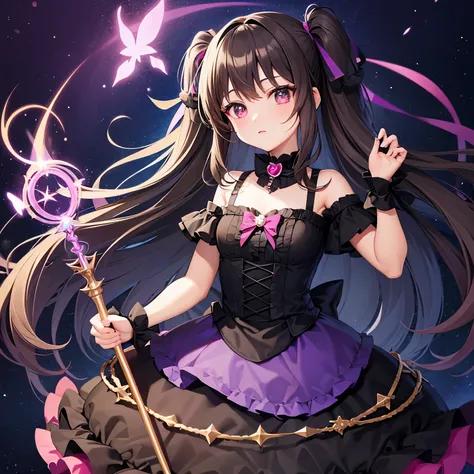 kawaii dark magical girl wearing dark lolita dress, hold magic wand,