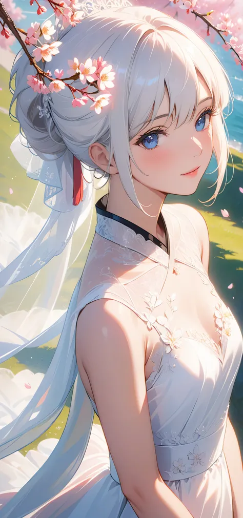 masterpiece, top quality, Super details, 8K, Detail lights, Detailed shadows, raw, (delicate skin), (real: 1.2),, 1 girl, white hair, Wedding dress，Eye close-up，Cherry blossoms，flat chest，Positive face，Face the screen