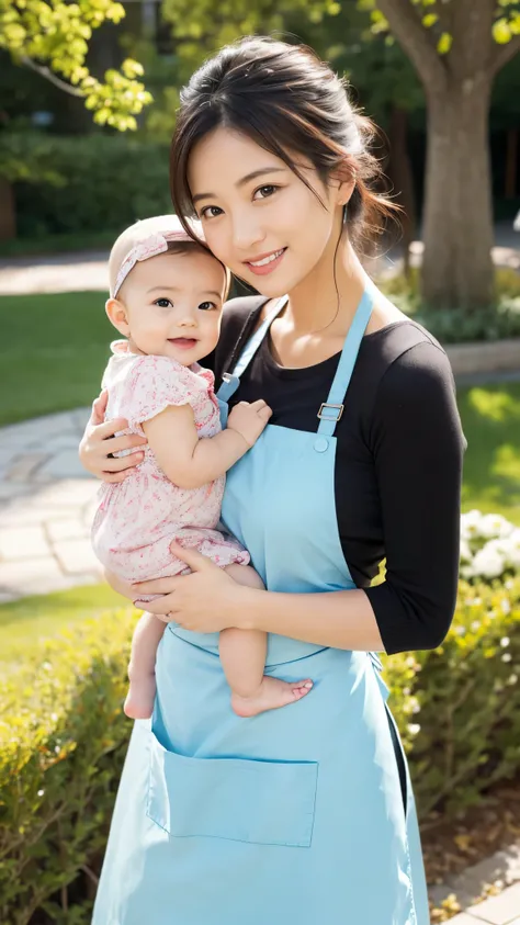 One woman in her 30s wearing an apron, holding a pretty baby,Beloved,cute,woman is looking at viewer,baby looking at woman,smile,neat clothes ,Beautiful park,subtle,very realistic,매우 subtle 얼굴, Detailed and smooth skin, beautiful face, masterpiece, highest...