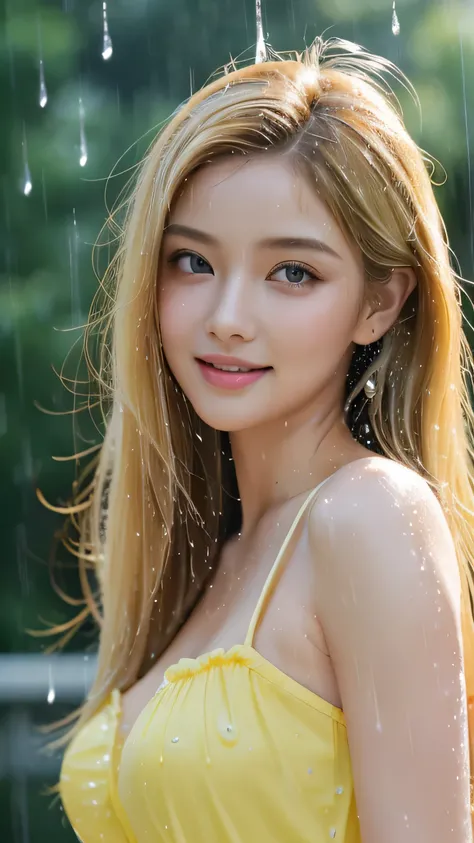 (highest quality,Super detailed,realistic:1.37),bright and vibrant colors,studio lighting,playful expression,stylish makeup,Long blonde hair fluttering in the wind,enchanting eyes,glossy lips,sexy pose,sundress,confident、enchanting smile,pose for a profess...