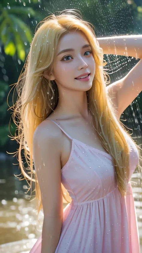 (highest quality,Super detailed,realistic:1.37),bright and vibrant colors,studio lighting,playful expression,stylish makeup,Long blonde hair fluttering in the wind,enchanting eyes,glossy lips,sexy pose,sundress,confident、enchanting smile,pose for a profess...