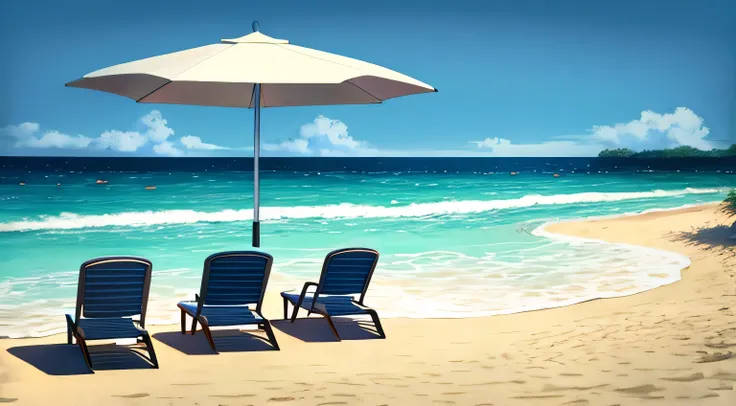 Beach scene with umbrellas and chairs, Sea and Sand