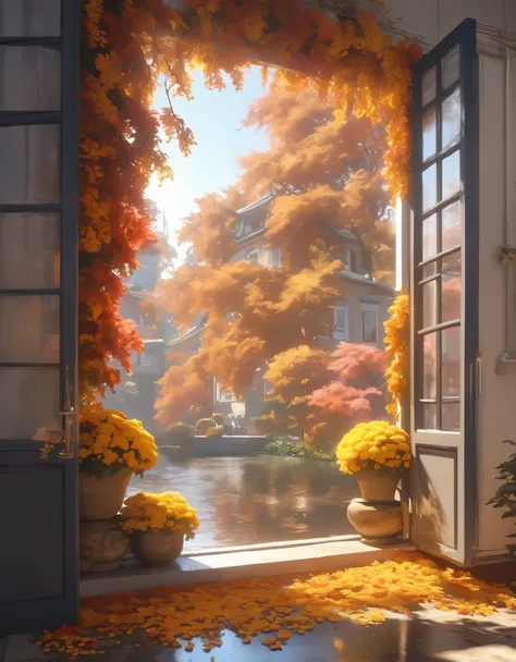 The scenery outside the window，autumn，chrysanthemum，running water，8k，masterpiece，Super fine，Rich details，Realistic ray tracing，OC rendererst-person perspective