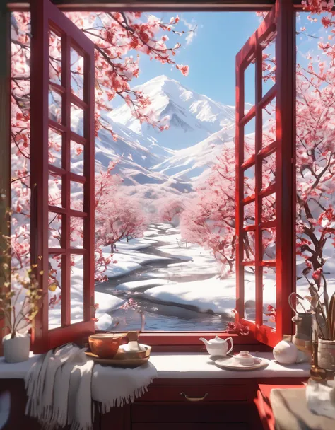 The scenery outside the window，snow mountain，Red plum，creek，8k，masterpiece，Super fine，Rich details，Realistic ray tracing，OC rendererst-person perspective