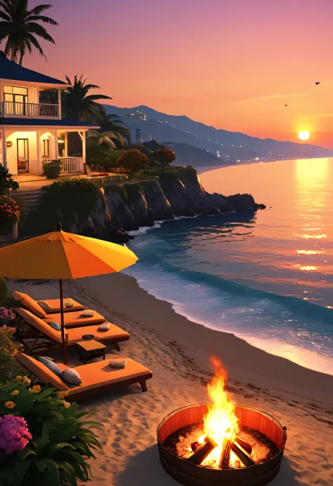 (GTA style:1.5)，beach，sunset，drunk， And strong，fluorescent beach，Gentle Sunset，beautiful garden，Amazing sea views，beach umbrella，bonfire，