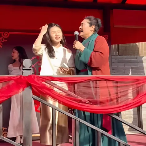 woman holding a microphone and a man standing next to a woman, chinese new year in shanghai, youtube video screenshot, traditional chinese, ruan jia and fenghua zhong, queen of the sea mu yanling, lady, hanfu, screenshot from a movie, wearing ancient chine...