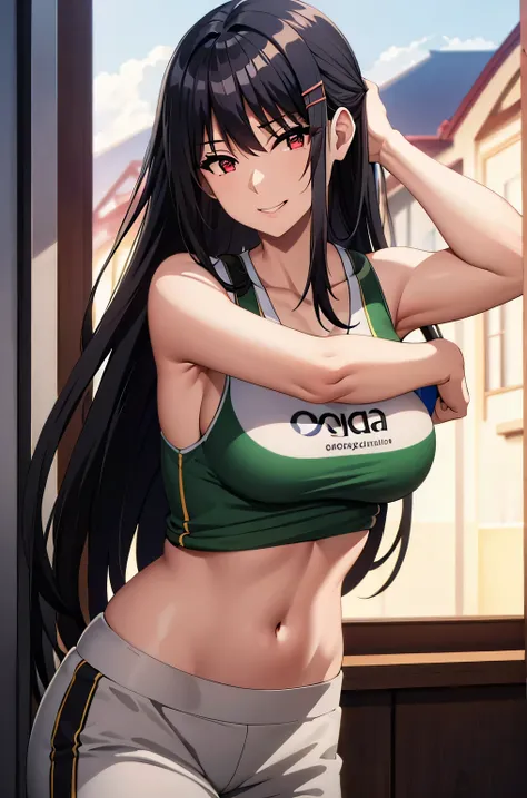 (masterpiece:1.0),(best_quality:1.0), ultra high res,4K,ultra-detailed, photography, 8K, HDR,bangs, black hair,hair ornament, hairclip, long hair, red eyes,large breast,,masterpiece, best quality, photorealistic, yujiasuit, yoga sports bra, yoga pants, 1gi...