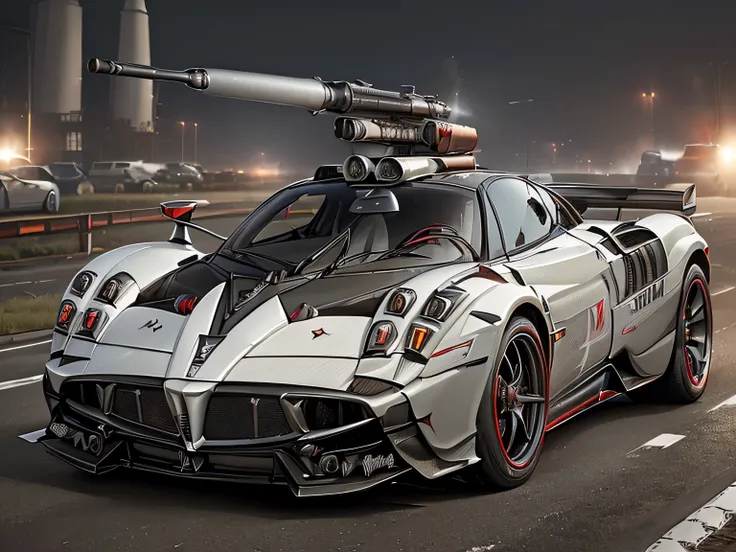 (((A car with a small missile and machine gun))), ((high quality)), ((master piece)), (((full shot)), ((pagani huayra)), ((red car body)), ((full shot)), ((morning)), (((M249 light machine gun))),