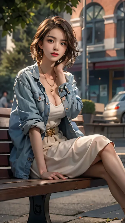 (A woman sitting on a bench)realistic, High resolution, soft light,1 female, alone, hip up, (detailed face), jewelry, streetwear, beauty model, Eyes that invite the viewer, Spouse&#39;perspective, attractive appearance, sexy smile, perfect style, perfect b...