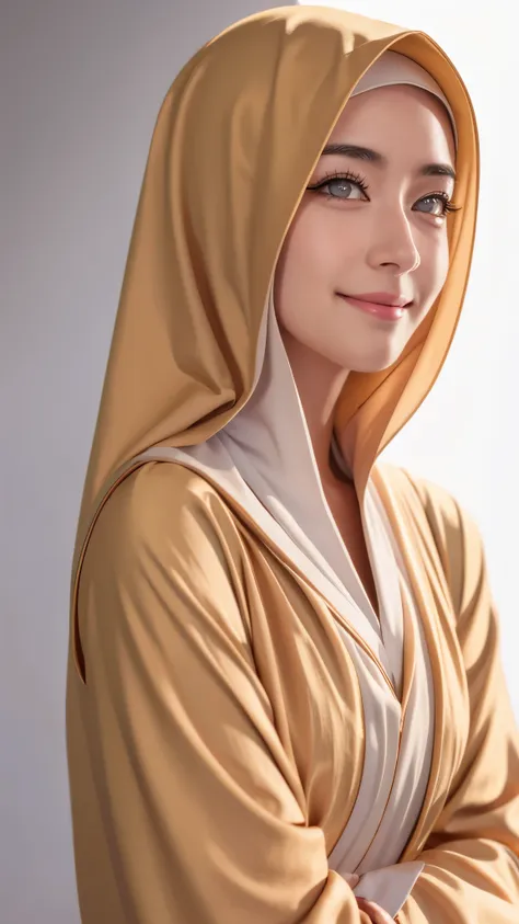 RAW photo of 18 year old girl in hijab,Hanabi Hyuga character,realistic depiction,satin abaya,satin,hijab face portrait,neutral background,8k uhd,dslr,soft lighting,high quality,film grain,Fujifilm quality detail, perfect work, facing the camera, half body...