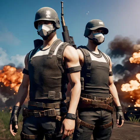 pubg, pubg characters, men, men in uniform, military theme, wearing masks, 3D game style, 4boy, details, realistic, four men, with machine guns  ((Best quality)), ((masterpiece)), (detailed), perfect face