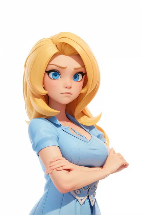 cartoon girl，Blonde，wearing blue dress, long blonde hair，wavy curls，angry expression，get angry，Hold your arms，right hand，fine，Rich details，HD，HD，stylized portrait, stylized portrait formal pose, cartoon art style, Inspired by Louis van Baarle, April render...