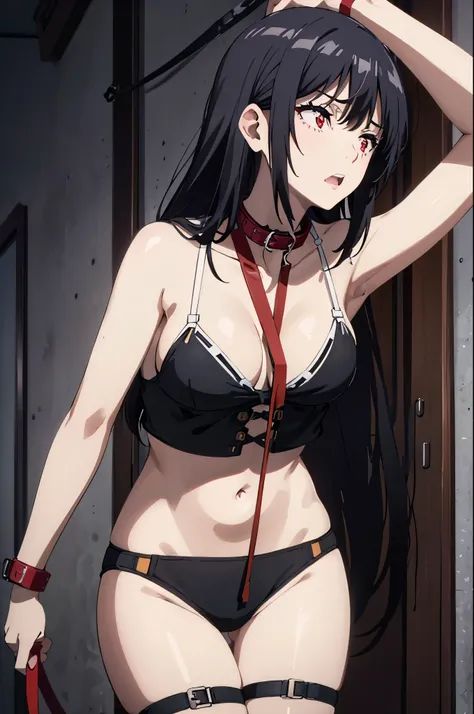 1girl,solo,((collar,leash,tied up,bondage,scared expression)),black hair,red eyes,(bikini)
