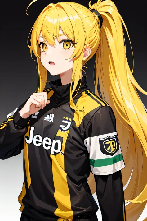 girl,Juventus football jersey,long hair,yellow hair,ponytail hairstyle,yellow eyes