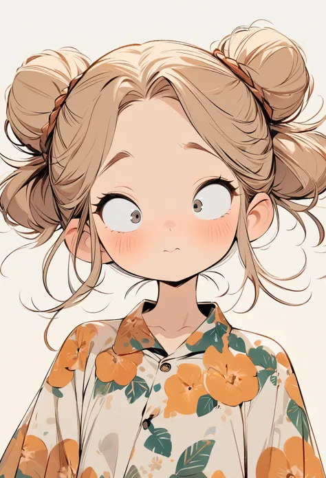 (masterpiece, best quality:1.2), cartoonish character design。1 girl, alone，big eyes，cute expression，two hair buns，floral shirt，i...