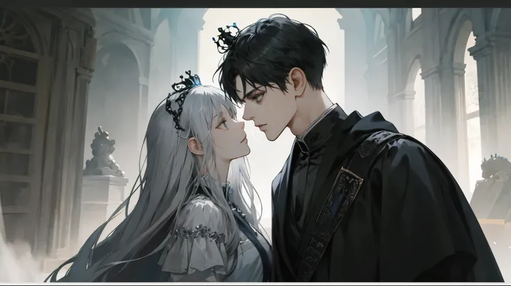 Ninja couple, king and queen, gothic crown and tiaras, side by side, Grey and black, dark romantism, raw concept art, masterpiece illustration