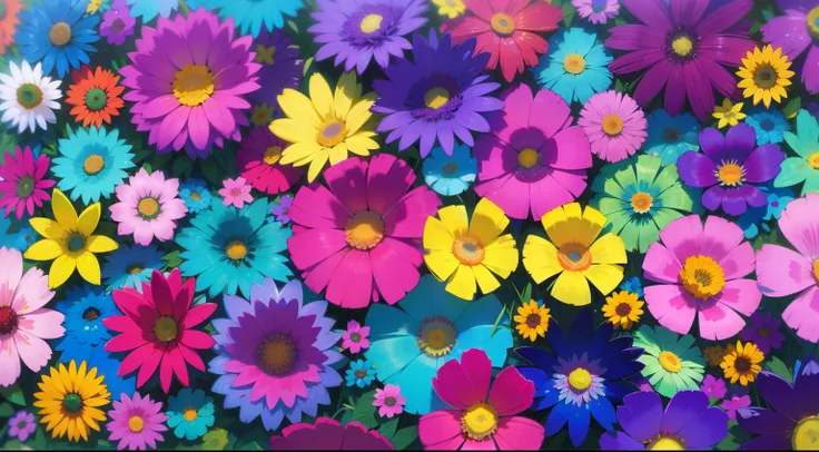 brightly colored flowers are arranged in a field of green grass, magical colorful flowers, colorful flowers, floral flowers colorful, brightly colored flowers, colourful flowers, colored flowers, Beautiful and colorful, Colorful HD pictures, Colorful、Energ...