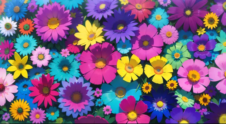 brightly colored flowers are arranged in a field of green grass, magical colorful flowers, colorful flowers, floral flowers colorful, brightly colored flowers, colourful flowers, colored flowers, Beautiful and colorful, Colorful HD pictures, Colorful、Energ...