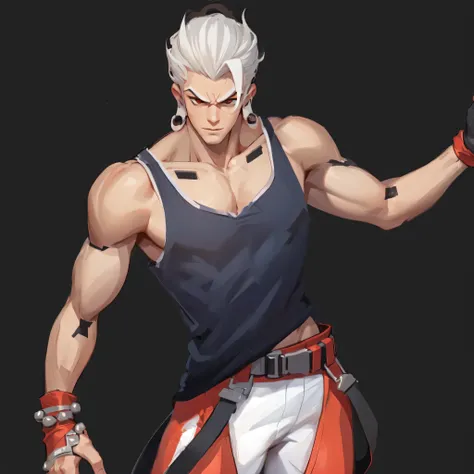 highest image quality，male persons，，1 boy，young and beautiful，exhibit，white hair，short straight hair，dark skin，cartoon，Cartoon Wallpaper，alone，male focus，underwear，chest muscle expansion，Protruding red lid，City Fund，spread your legs，Sexy,(main part, best q...