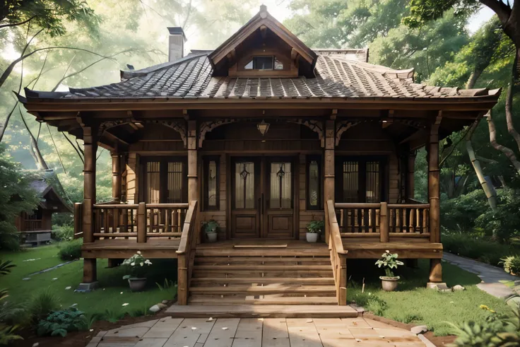 arafed house with a porch and a porch with steps leading to a porch, beautifully rendered, peaceful wooden mansion, wooden house, beautiful rendered, luxurious wooden cottage, bamboo huts, wooden cottage, beautifully detailed render, natural realistic rend...