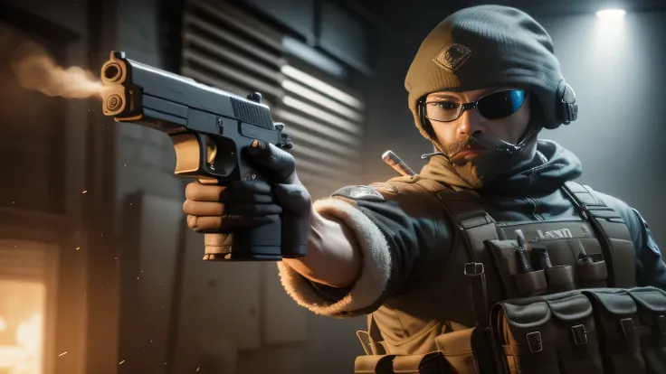 arafed soldier with a gun in a dark room, rb 6 s, rb6s, cs:go screenshot, rb6s), fps shooter game, counter strike, fps game, masterpice, a soldier aiming a gun, no mask, a man face with beard, cigarette in mount, muzzle flash, warzone background, 4k post, ...