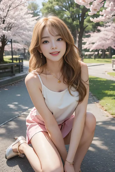 highest quality、masterpiece、ultra high resolution、Photoreal、Raw photo、1 girl、sexy look、shoulder hair、The bottom half is curled and sauvage、cute smile like a model、frontage、hair color is blonde、pink tight mini skirt、normal high heels、eyes are double、wear ma...