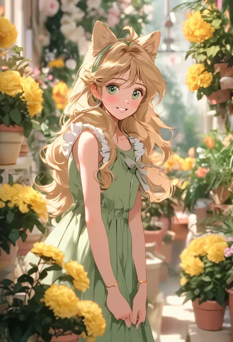 1 girl, :D, animal ear hair, Animal ears, Bangs, black hairbanD, blonDe hair, vague, vague backgrounD, Depth of fielD, Dress, flower, flower pot, frilleD Dress, decorate, green Dress, green eyes, hairbanD, holDing, long hair, open mouth, pink flower, plant...