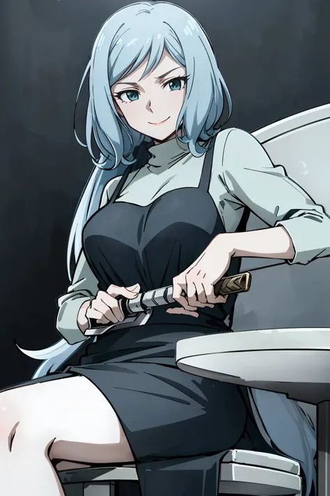 anime girl sitting at a table with her hands folded over her shoulder, cool shading, detailed manga style, simple shading, female protagonist 👀 :8, holding a sword on her shoulder, anime shading), roguish smirk, striking manga artstyle, teasing smile