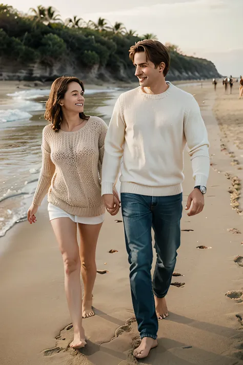 Mother-in-law and son-in-law walking on the beach，hand in hand，Wear a sexy sweater