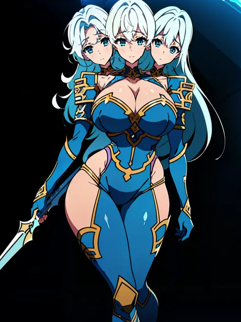 (masterpiece),(ultra-detailed), (high quality), (high resolution), (best quality:1.5, highres, UHD), highres, absurdo, ultra detail, ultra quality, ((3heads:1.5)), 1girl, (long hair), ((white hair)), (glowing blue eyes), cleavage, thighs, (blue armor), fem...