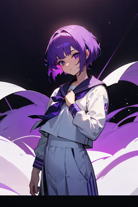 Please play the role of a girl with short purple hair and purple eyes wearing a sailor suit on the back