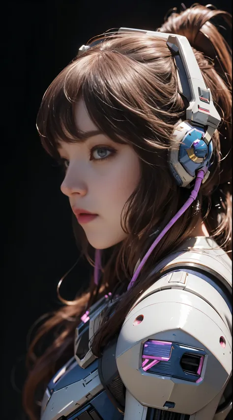 RAW, Masterpiece, Ultra Fine Photo,, Best Quality, Ultra High Resolution, Photorealistic, Sunlight, Full Body Portrait, Stunningly Beautiful,, Dynamic Poses, Delicate Face, Vibrant Eyes, (Side View) a close up of a woman in a pink and white gundam custume,...