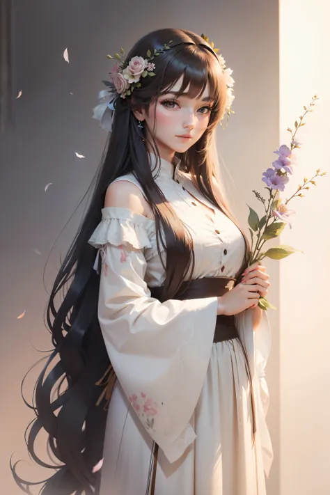 Long-haired beauty holding flowers，Gentle waterconk rendering。