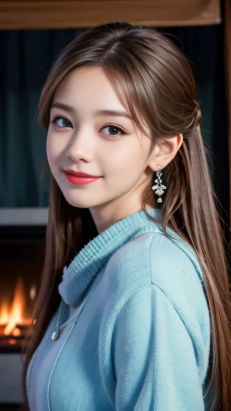 1 girl, silver hair, brown hair, dull bangs, floating hair, long hair, fireplace awning, aqua eye, Shining eyes, long eyelashes, earrings, compensate, smile, parted lips, written boundary depth, first person perspective, from behind, From the side, upside ...