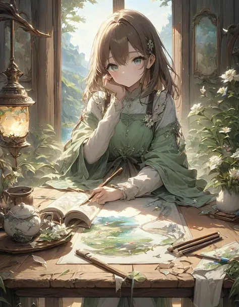 a girl sitting at a wooden desk, enjoying a cup of aromatic tea, with steam gently rising from the cup. her delicate fingers are...