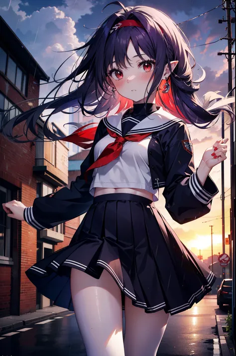 yuukikonno, Yuki Konno, hair band, long hair, pointed ears, purple hair,blush, embarrassing,(red eyes:1.5), (small breasts:1.2),high school girl uniform(purple sailor suit),Purple pleated skirt,white tights,brown loafers,rain,cloudy,umbrella,evening,
break...