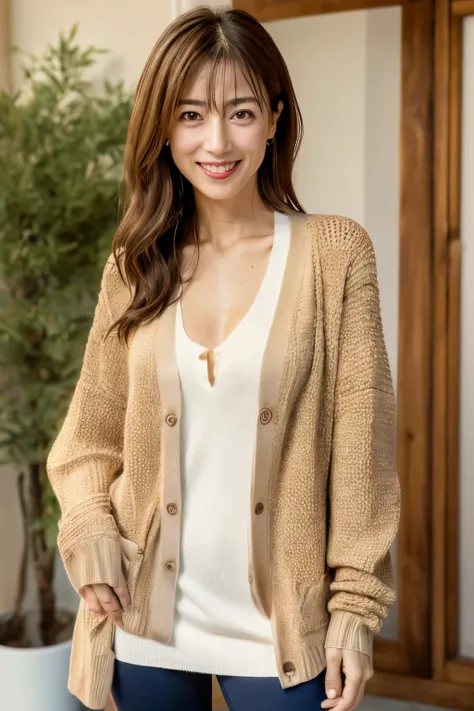 high quality, 8k, masterpiece, Photoreal, sharp focus, High resolution, portrait, alone, Skinny Japanese woman, 30 years old, apartment entrance, (((Take a full body photo))), (smile), mature woman, sweaty skin, ((brown hair)), ((red camisole, beige knit c...