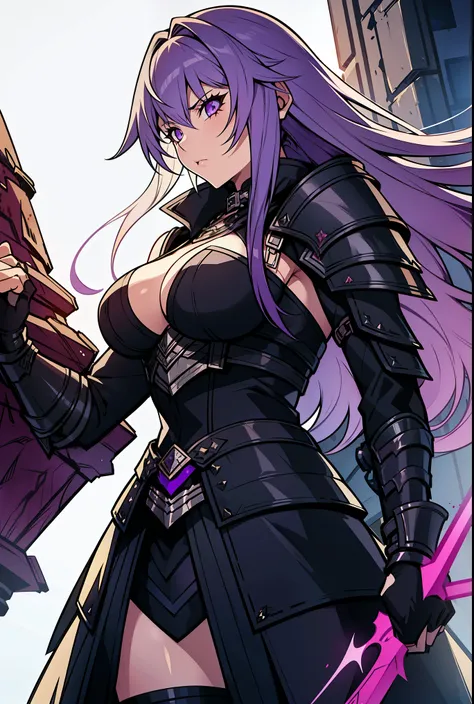 A woman of fair skin clad in dark armor, ontop of the armor she wars a long, frayed coat, lined with silver. She has purple eyes and an angry look to her, she has her hair styled like Lightning from Final Fantasy XIII, purple and orange eyes and her attire...